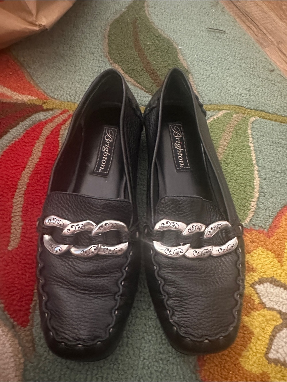 Brighton Black Leather Moccasin Loafers with Silver Chain Detail